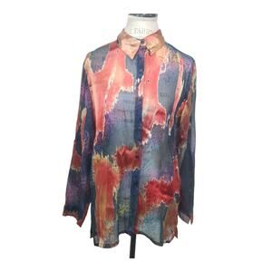 Chico's Design Silk Shear Abstract Multi Color Print Button Up Collared Blouse